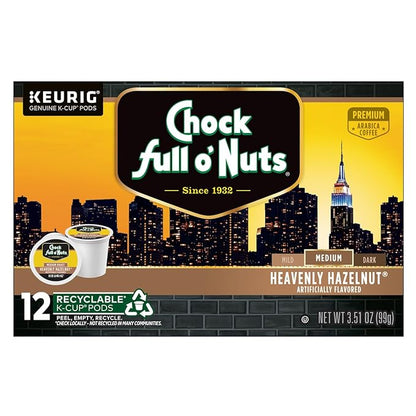 Chock Full o'Nuts Heavenly Hazelnut Coffee, Compatible with K-Cup Pods, 12 CT (Pack of 3)