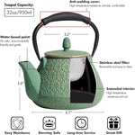 Load image into Gallery viewer, Cast Iron Teapot, 32oz Tea Kettle with Infuser for Stove Top, Sakura Blossom Pattern Japanese Tea Pot for Tea &amp; Coffee Coated with Enameled Interior, Silicone Handle 950ml Green