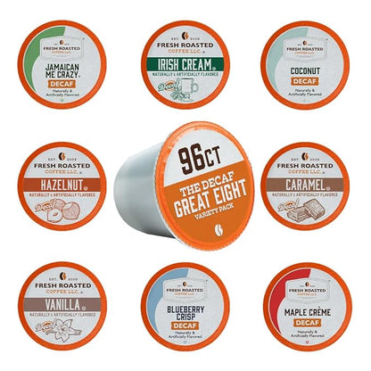 Fresh Roasted Coffee, The Decaf Great Eight, Flavored Coffee Pod Variety Pack, K-Cup Compatible, 96 Count