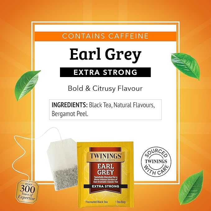 Twinings Earl Grey Extra Strong Black Tea Individually Wrapped Bags, 20 Count (Pack of 1), Flavoured with Citrus and Bergamot, Caffeinated, Enjoy Hot or Iced, 20 Teabags