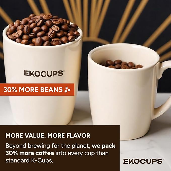 EKOCUPS Organic Swiss Water Decaf Medium Roast Coffee Pods, 30% More Coffee Per Cup, Fair Trade Decaffeinated Coffee for Keurig K Cup Machines, Recyclable Pods, 40 Count