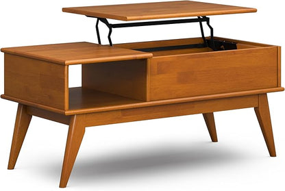 SIMPLIHOME Draper Lift Top Coffee Table - 48 inch Wide Solid Hardwood Mid-Century Modern Cocktail Table in Teak Brown, Functional Living Room Table with Storage Compartment, Open Shelf and Angled Legs