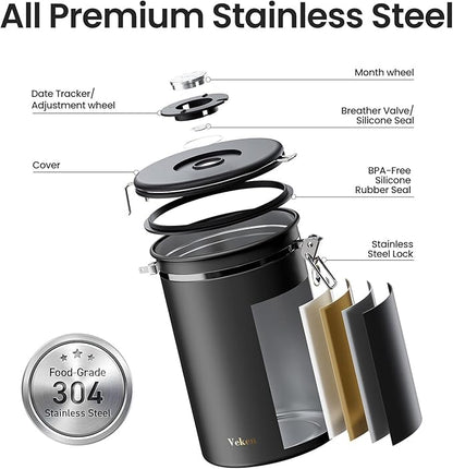 Veken Coffee Canister, 39OZ Large, Airtight Stainless Steel Food Storage Container for 2.2lbs Coffee Beans, Ground, Sugar, Tea, Flour, Cereal, Kitchen Bar Accessories with Date Tracker & Scoop, Black