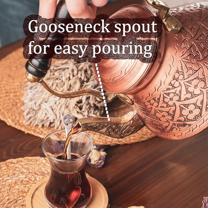 Vintage 100% Solid Pure Copper Turkish TeaPot Tea Kettle Pot for Stovetop Stove Top Traditional Decorative Fancy Arabic Moroccan Party Serving Kitchen Antique Handmade Unique Style Gooseneck Gift