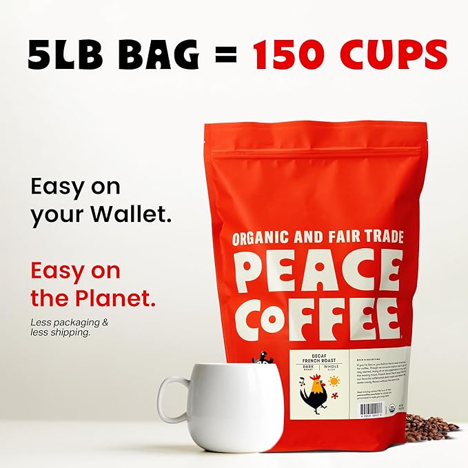 Peace Coffee Decaf French Roast | 5 lb Whole Bean Dark Roast | Organic Fair Trade | Rich, Bold Flavor | Shade Grown, Fresh Roasted