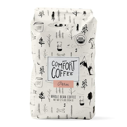Mt. Comfort Coffee Organic Peru Medium Roast, 2.5 Pounds - Flavor Notes of Nutty, Chocolate, & Citrus - Sourced From Small, Peruvian Coffee Farms - Roasted Whole Beans