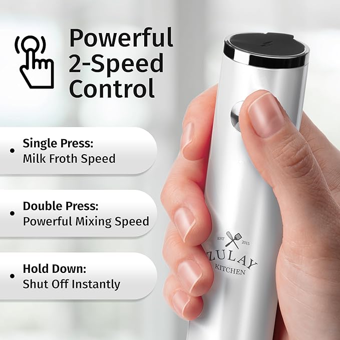 Zulay Kitchen Lux Rechargeable Milk Frother Handheld - Powerful 2-Speed Motor, Fully Waterproof, 2000mAh Battery - Drink Mixer For Latte, Cappuccino, Matcha, Protein Powder - White