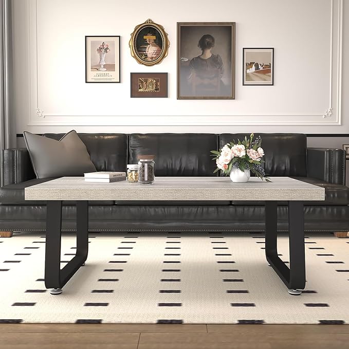 HSH Grey Small Coffee Table, Modern Minimalist Coffee Center Table, Rectangle Simple Wooden Living Room Table, Industrial Wood and Metal Tea Table for Home Bedroom Home Office, Light Grey Oak, 39 in