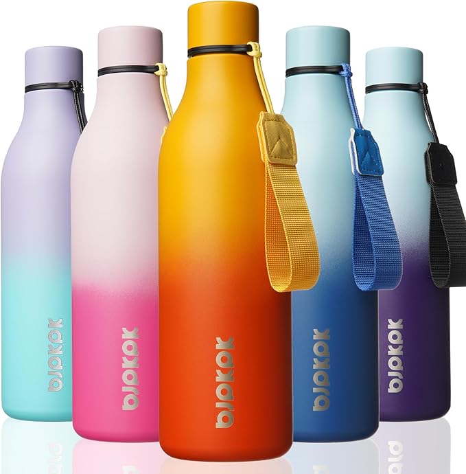 BJPKPK Insulated Water Bottles, 25 oz Stainless Steel Metal Water Bottle with Strap, BPA Free Leak Proof Jugs, Mugs, Flasks, Reusable Thermal Flasks for Sports & Travel, Sunset Orange