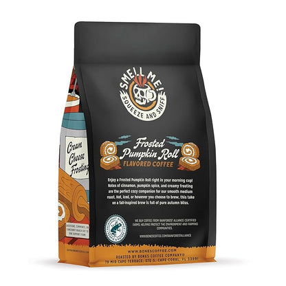 Bones Coffee Company Frosted Pumpkin Roll Flavored Coffee, Medium Roast Low Acid Arabica Beans Compatible with Auto drip and French Press Coffee Maker, 12 Oz Whole Bean