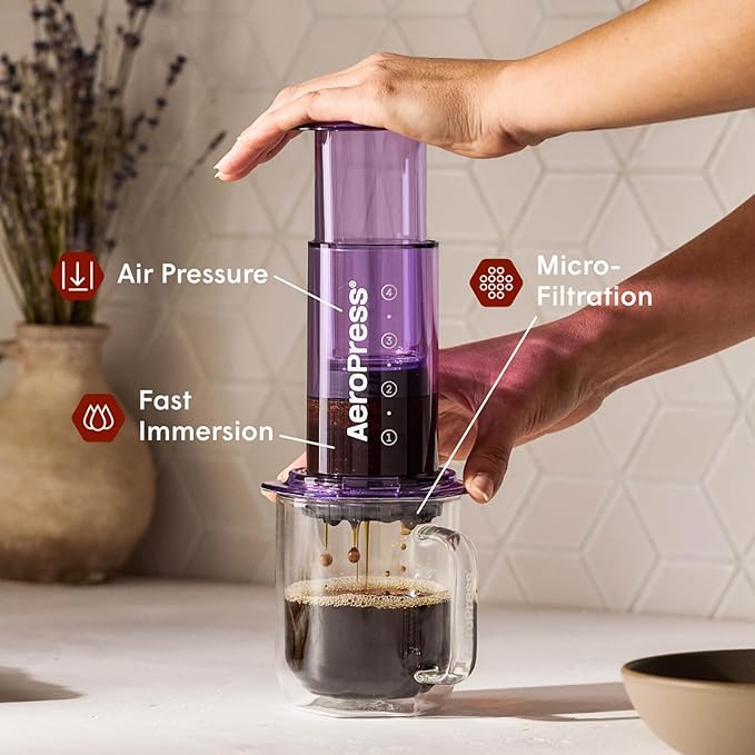 AeroPress Clear Purple Coffee Press – 3 In 1 Brew Method Combines French Press, Espresso, Full Bodied Coffee Without Grit or Bitterness, Small Portable Coffee Maker for Camping & Travel, Purple