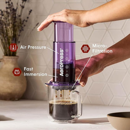 AeroPress Clear Purple Coffee Press – 3 In 1 Brew Method Combines French Press, Espresso, Full Bodied Coffee Without Grit or Bitterness, Small Portable Coffee Maker for Camping & Travel, Purple