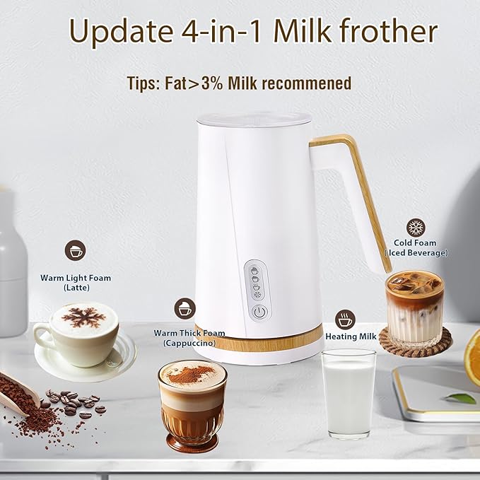 Electric Milk Frother and Steamer, 4-in-1 Milk Steamer with Wood Elements Design, Automatic Hot & Cold Foam Maker for Latte, Cappuccinos, Macchiato, Milk Warmer, Black (white)