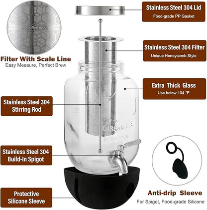 Cold Brew Coffee Maker, 1 Gallon Iced Coffee Maker With Stainless Steel Filter, Heavy Duty Glass Cold Brew Pitcher With Stainless Steel Spigot, Mason Jar Cold Brew Coffee Maker Fast Iced Tea Maker