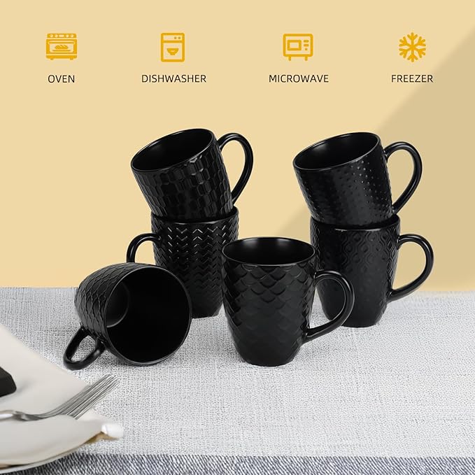 Schliersee 16 OZ Black Coffee Mugs Set of 6, Geometric Pattern Porcelain Coffee Cups for Latte, Hot Tea, Cappuccino, Mocha, Cocoa, Espresso cups, 500ML