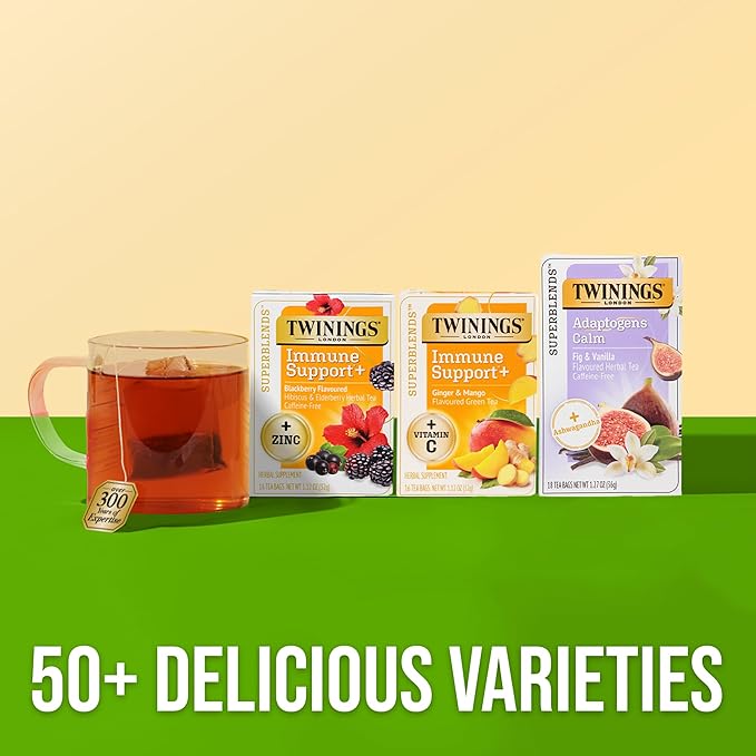 Twinings Superblends Immune Support+ Zinc Blackberry Flavoured Hibiscus, Elderberry Herbal, Naturally Caffeine-Free, 16 Tea Bags (Pack of 6), Enjoy Hot or Iced, 96 Teabags