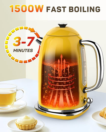 Harriet Electric Kettle, 1.8L Retro Electric Tea Kettle with Thermometer, 1500W Stainless Steel Hot Water Kettle Electric with LED Indicator, Fast Boiling, Cordless, Auto Shut-Off, Yellow