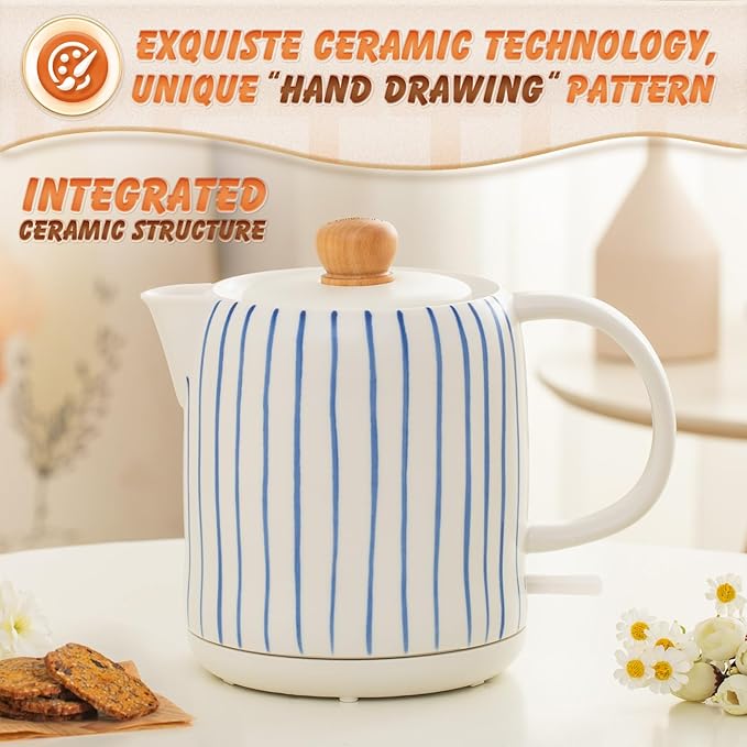 1.0-Liter Ceramic Electric Kettle, 1000W Rapid Boil, Tea Kettles Pot & Hot Water Boiler For Coffee & Tea, Teapot Auto Shut-Off, Boil-Dry Protection