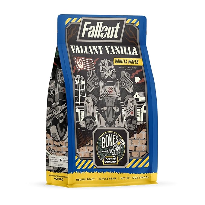 Bones Coffee Company Fallout Valiant Vanilla, Vanilla Wafer Flavored Coffee, Medium Roast Low Acid Arabica Beans Compatible with Auto drip and French Press Coffee Maker, 12 Oz Whole Bean