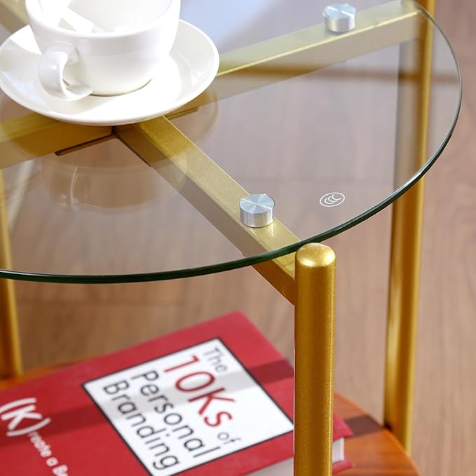 Small Round Glass Coffee Tables for Living Room, Mid Century Side Table with Clear Glass Top, Solid Brown Storage Shelf and Sturable Gold Legs for Small Space, Office, Department