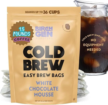 Birch Glen Roasters Cold Brew Coffee Bags - 12 Pack of Coarse Ground Coffee Filter Pitcher Packs for Easy Brewing - 100% Arabica - Yields 6 Pitchers - White Chocolate Mousse Flavor