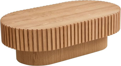 43.7 Inch Oval Drum Coffee Table, Modern Handcraft Fluted Drum Coffee Table, Wooden Oval Cocktail Tea Table Center Table with Sturdy Pedestal for Living Room Apartment (Natural)