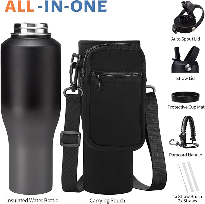 40 oz Insulated Water Bottle Fit in Car Cup Holder - 40oz Metal Water Bottle with Straw & Auto Spout Lids, Paracord Handle, Carrier Bag & Water Flask Boot, Travel Tumbler Cup Keep Cold-48h Hot-24h