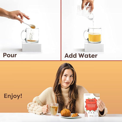 Waka Instant Green Tea Mix, Strawberry Flavored - 100% Tea Leaves, No Additives, Unsweetened Tea Powder in Bulk Pouch – Easy Quick Hot and Iced Teas, Up to 200 Cups (4.5oz)