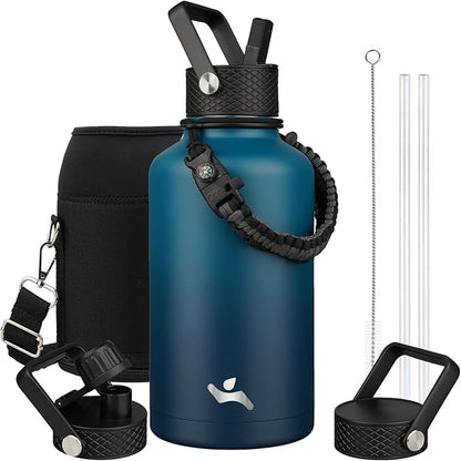Insulated Water Bottle with Straw,87 oz 3 Lids Water Jug with Carrying Bag,Paracord Handle,Double Wall Vacuum Stainless Steel Metal Flask,Indigo Black