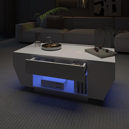 42" White Modern Coffee Table for Living Room, High Glossy Wooden Living Room Table with Storage, Led Rectangular Coffee Tables with 2 Drawers, Wood Center Table for Reception Dinning Room