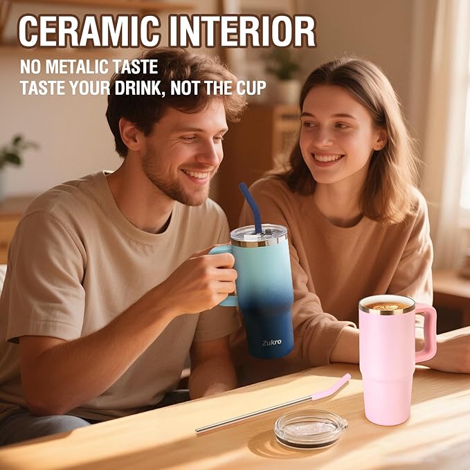 Zukro 24 oz Ceramic Lined Insulated Tumbler with Handle and Straw, No Metal Taste or Smell, Travel Coffee Mug with Spillproof Lids, No Sweat Stainless Steel Cup, Dishwasher Safe, Black