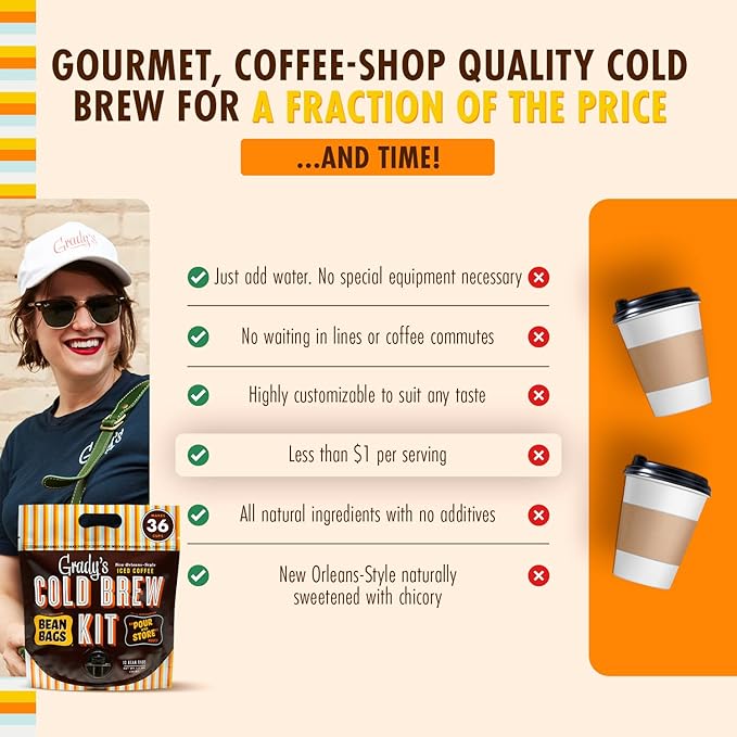 GRADY’S COLD BREW, New Orleans Style, 100% Arabica Ground Coffee & Chicory Pouches, 2 All-in-One Cold Brew Kits, each with 12 Easy-to-Brew Beans Bags, Makes 72 drinks