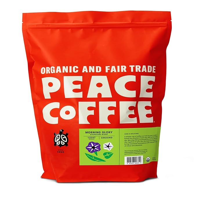 Peace Coffee Morning Glory Signature Blend | 5 lb Ground Light Roast | Organic Fair Trade | Smooth, Mild Flavor | Shade Grown, Fresh Roasted