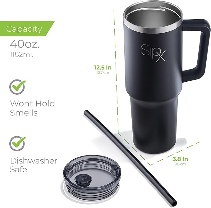 SIPX™ 40 oz Insulated Tumbler with Handle & Straw – Vacuum Insulated Stainless Steel, Leakproof, Cupholder Friendly – Perfect for Iced Coffee, Water & Travel – Black