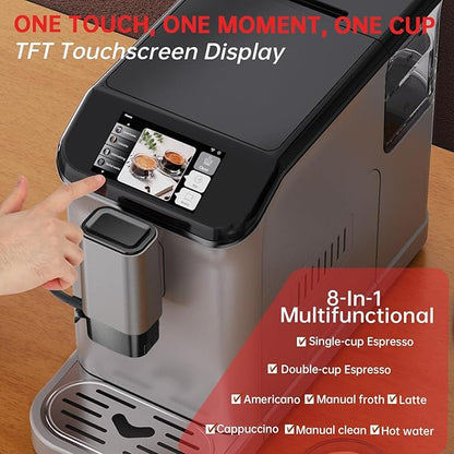 PioneerWorks Full Automatic Espresso Machine with Built-In Grinder & Milk Frother - FTF Touchscreen Coffee Maker for Latte/Cappuccino, 20 Bar Pressur & 1.5L Water Tank, 1350W, Grey