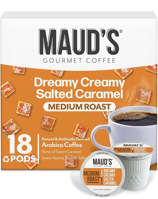 Maud's Salted Caramel Flavored Coffee Pods, 18 ct, Medium Roast Flavored Coffee in Recyclable Single Serve Pods – 100% Arabica Beans, Compatible with Keurig K Cups Maker
