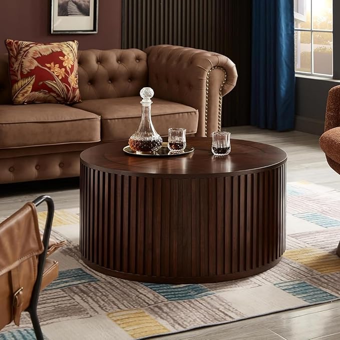 Round Wood Coffee Table for Living Room, Modern Circle Table with Removable Lid, Rustic Drum Table for Reception Room, No Need Assembly (31x31x16 in)