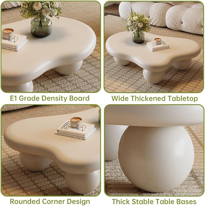 Cloud Coffee Table Modern Irregular Coffee Table Asymmetrical Unique Coffee Tables with 3 Bases for Living Room Farmhouse (B, 39")