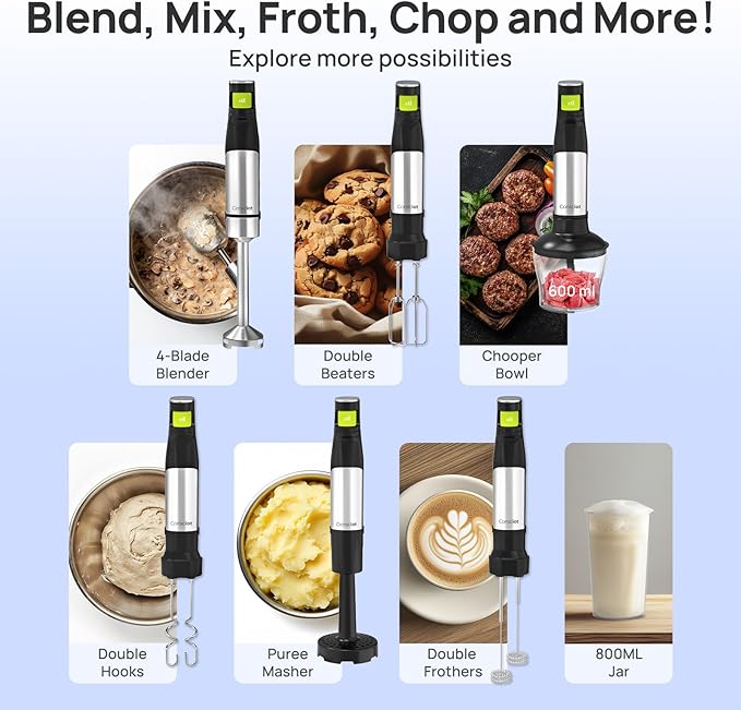 Consciot 7-in-1 Immersion Blender Handheld Max 1100W, Stick Emulsifier with Entire Stainless Steel Blender Shaft, Trigger Speed Control, 800ml Beaker, 600ml Chopper, Beaters, Frothers, Hooks & Masher