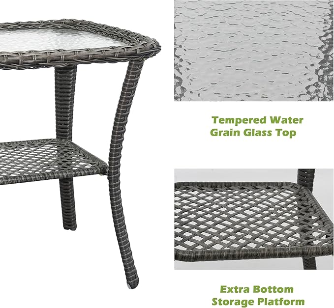 Wicker Side Table Outdoor, Patio Rattan Side Table with Glass Top and Storage Shelf, 23’’Tall Wicker Coffee Table for Yard, Deck, Garden