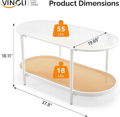 VINGLI 38" Rattan Oval Coffee Table, Glass Metal Center Table, Modern Coffee Tables with 2-Tier Storage, Farmhouse Coffe Table for Living Room and Small Space, White