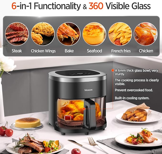 Vexon 6-IN-1 Glass Air Fryer,4.5QT Air Fryer with Viewing Glass Pot, Air Fry, Roast, Reheat, Dehydrate, Air Crisp Technology,Nonstick & Dishwasher Safe Basket,97% Less Oil,Features Digital Timer
