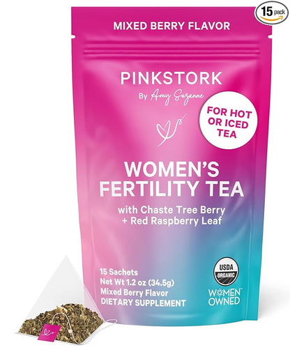 Pink Stork Organic Fertility Tea for Women with Chaste Tree Berries (Vitex) to Support Conception for Her - Hormone Balance with Mint and Red Raspberry Leaf, 15 Sachets
