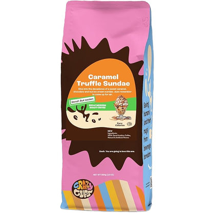 Crazy Cups Decaf Flavored Ground Coffee, Decaffeinated Caramel Truffle Sundae Coffee, For Brewing Flavored Hot or Iced Decaf Caramel Coffee, 10oz
