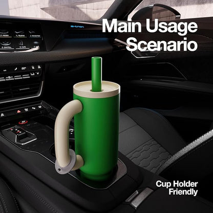 BaWang Insulated Stainless Steel Tumbler | Tumbler with Handle and Straw 33oz | Cup Holder Friendly for Travel | Leakproof Water Bottle | BPA-Free | Ceramic liner| Green＆White