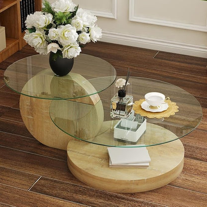 42 Inch Glass Coffee Table，Round Coffee Table with 2-Tier Tempered Glass Tabletop，Easy to Clean Circle Coffee Table with Sturdy Base for Living Room，Office (Natural Wood-Colored Base)