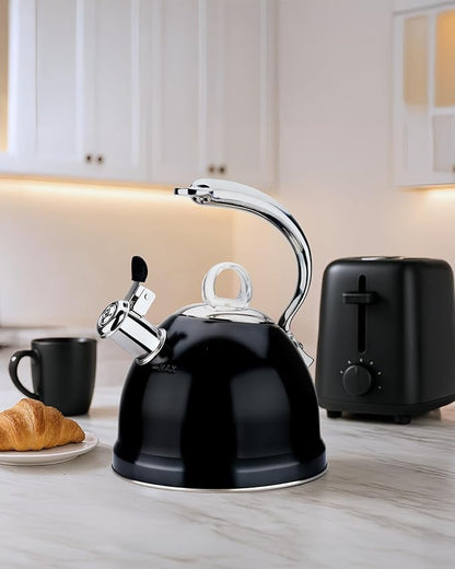 Harriet Tea Kettle Stovetop, 2.5 QT Whistling Stainless Steel Teapot, 3-Layer Base, Unique Ergonomic Handle, Includes Pot Holder & Mat, Electric/Induction/Gas Stovetops Applicable, Black