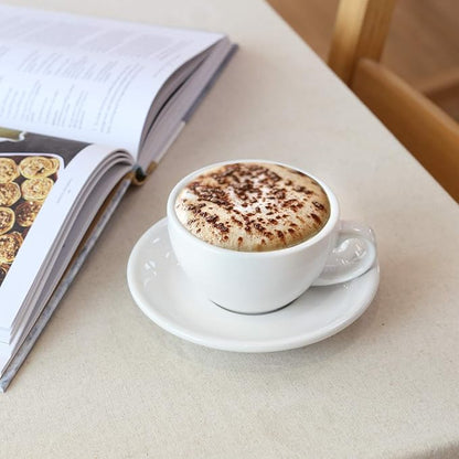 LE TAUCI 6 oz Cappuccino Cups with Saucers, Ceramic Coffee Cup for Au Lait, Double shot, Latte, Cafe Mocha, Tea - Set of 4, White