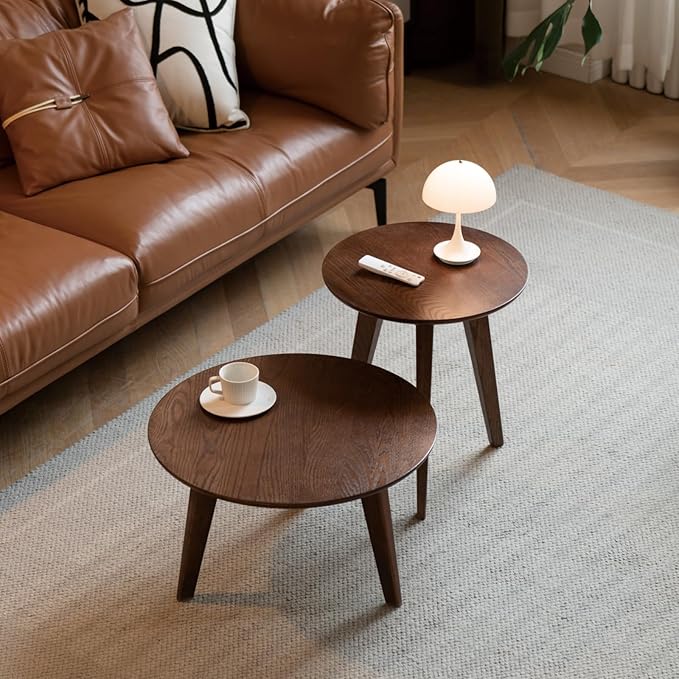 100% Solid Oak Wood Coffee Table Set, Round Coffee Table Combo Side Table w/Solid Wood Legs, Mid Century Table Sturdy Tables for Bedroom Balcony Living Room (Walnut, 3 Pieces)