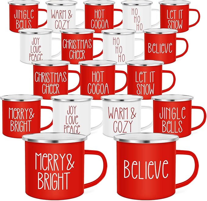 Sieral 18 Pcs Christmas Enamel Coffee Mugs 12 oz Winter Holiday Mugs with Quotes Seasonal White and Red Christmas Party Favor Cups Funny Novelty Xmas Coffee Cups for Women Men Coworkers Office
